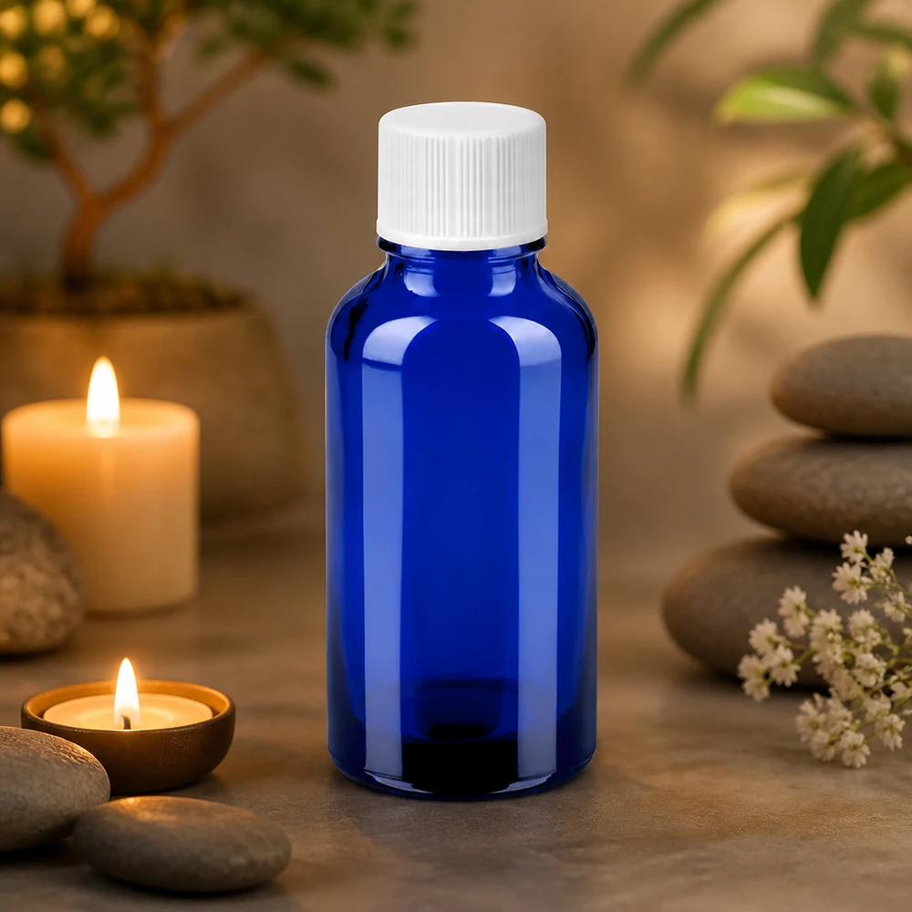 30ml láhev 11mm šroubovací uzávěr bílý standard BlueLine UT18/30 Handliche 30ml Flasche aus getöntem Glas zum sicheren Aufbewahren von flüssigen Präparaten