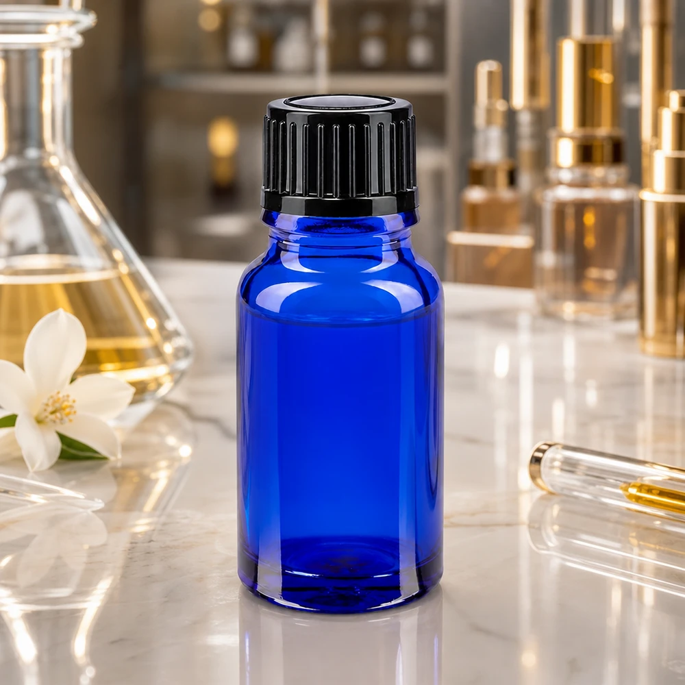 Dunkelblaue 10ml Flasche aus hochwertigem Glas mit schwarzem Schraubverschluss für Öle