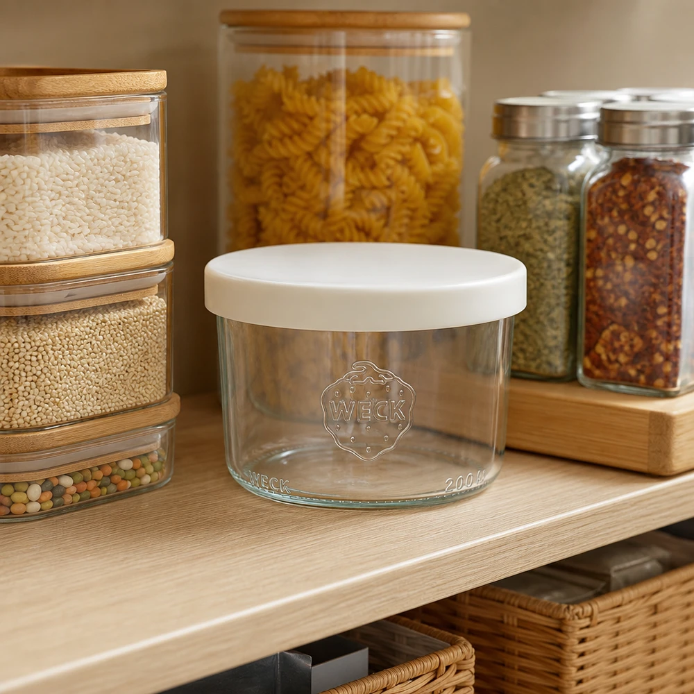 WECK Sturzglas 200ml RR80 leer mit weißem Silikondeckel in moderner Vorratsküche zwischen Vorratsgläsern mit Pasta