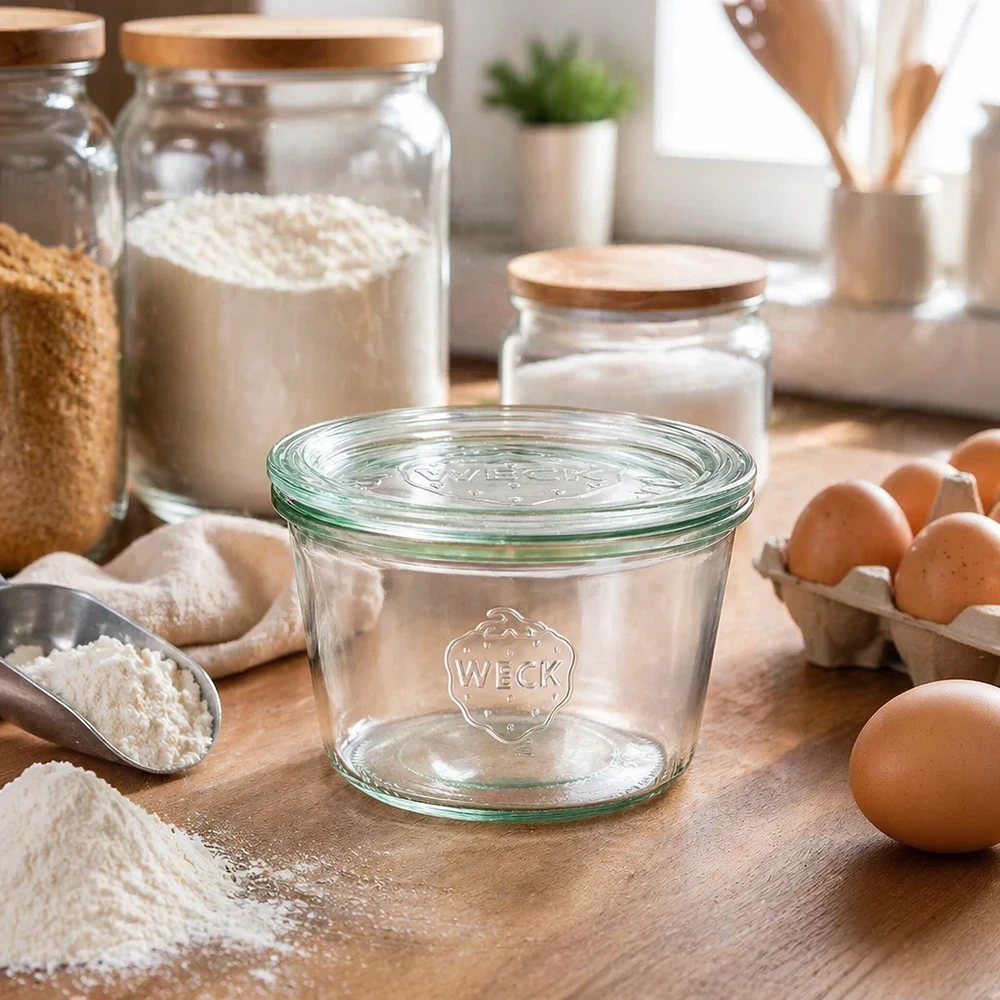 Zavařovací sklenice 370ml se skleněným víčkem WECK RR100 WECK Sturzglas 370ml RR100 in Küchenambiente mit Mehl Eiern und Backzutaten zum Kochen und Backen