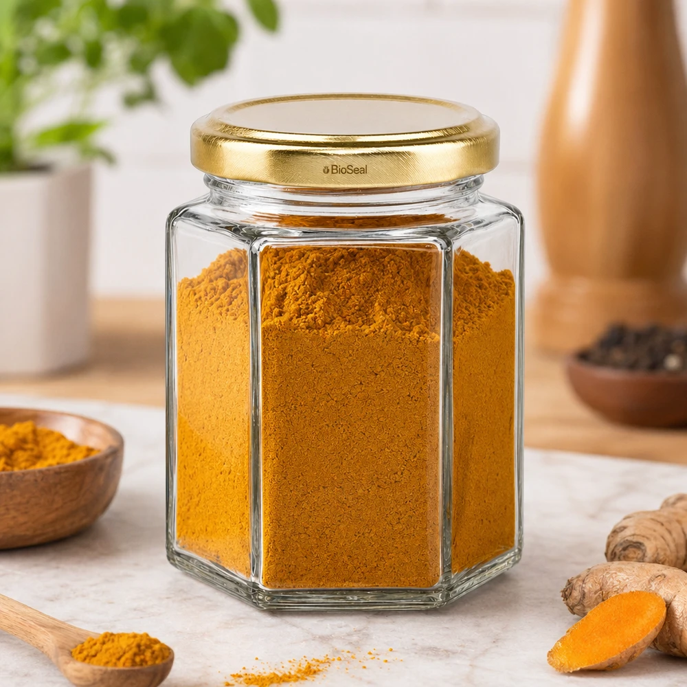 Dóza hexa o objemu 196 ml se zlatým víčkem UNiTWIST BioSeal. Hexa196 Glas mit goldenem TO58 BioSeal Deckel gefüllt mit Kurkumapulver in Küchenszenerie mit Ingwer