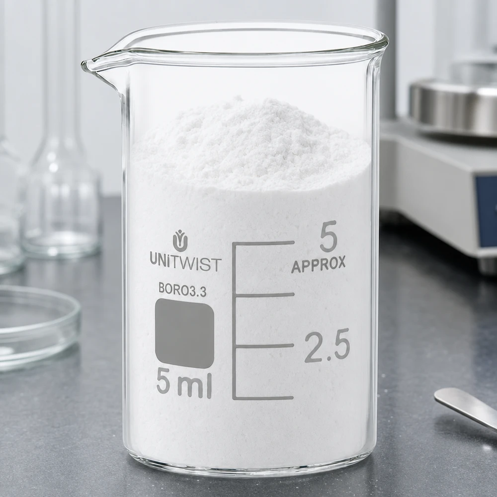 Kádinka 5ml borosilikátová, nízký tvar UNiTWIST Becherglas 5ml niedrige Form Borosilikat 3.3 mit weißem Pulver und sichtbarer Milliliter Skala