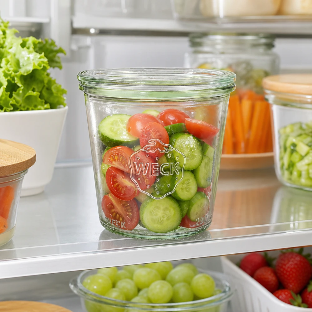 WECK Sturzglas 290ml RR80 im Kühlschrank mit frischem Gurken-Tomaten-Salat befüllt als praktische Meal-Prep-Lösung