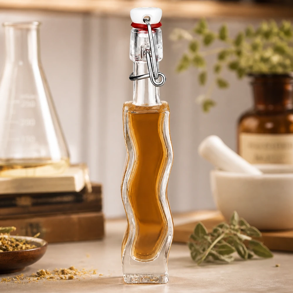 40ml Glasflasche Anna gefüllt mit honigfarbener Flüssigkeit in rustikaler Küche mit Kräutern und Glasware