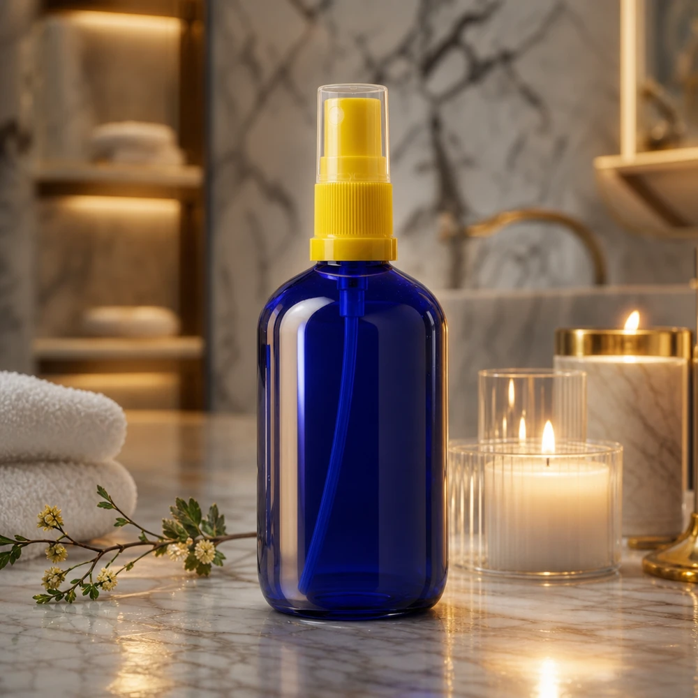 Blauglas Pumpflasche Standard 100ml gelber Zerstäuber ideal für Gesichtswasser und Hydrolate