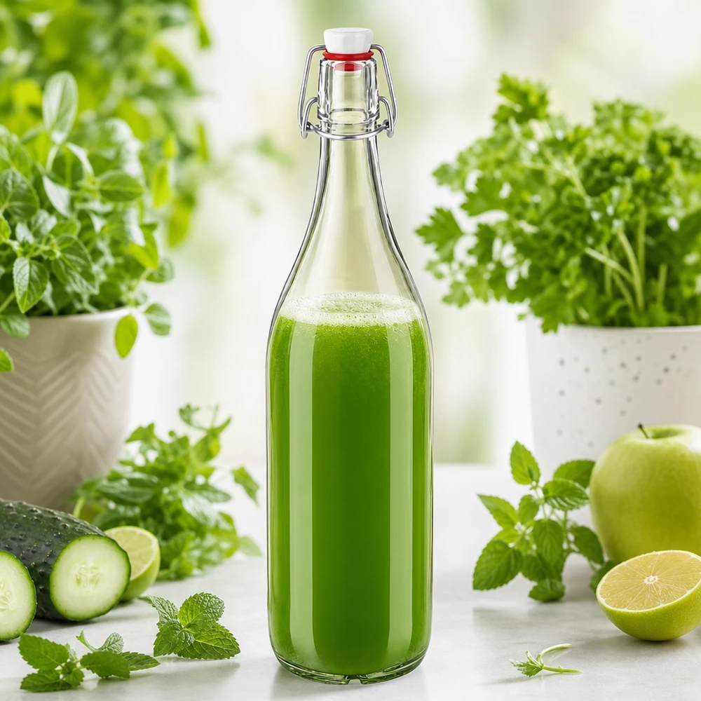 1000ml skleněná láhev + otočný vršek PVC UNiTWIST 1000ml Glasflasche Bügelverschluss PVC mit grünem Smoothie gefüllt umgeben von frischen Kräutern und Gemüse