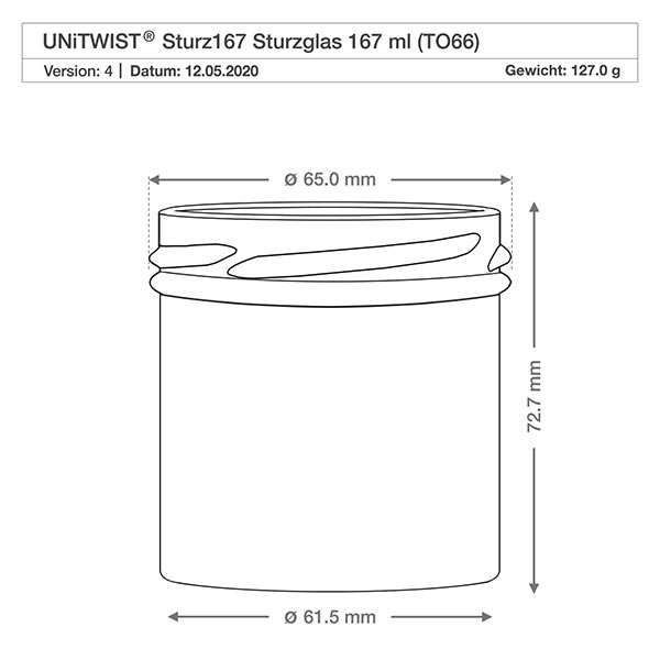 Tumbler o objemu 167 ml bez víčka (TO66) UNiTWIST UNiTWIST Sturz167 Sturzglas 167ml TO66 technische Zeichnung mit Maßen Durchmesser 65mm Höhe 72,7mm Gewicht 127g