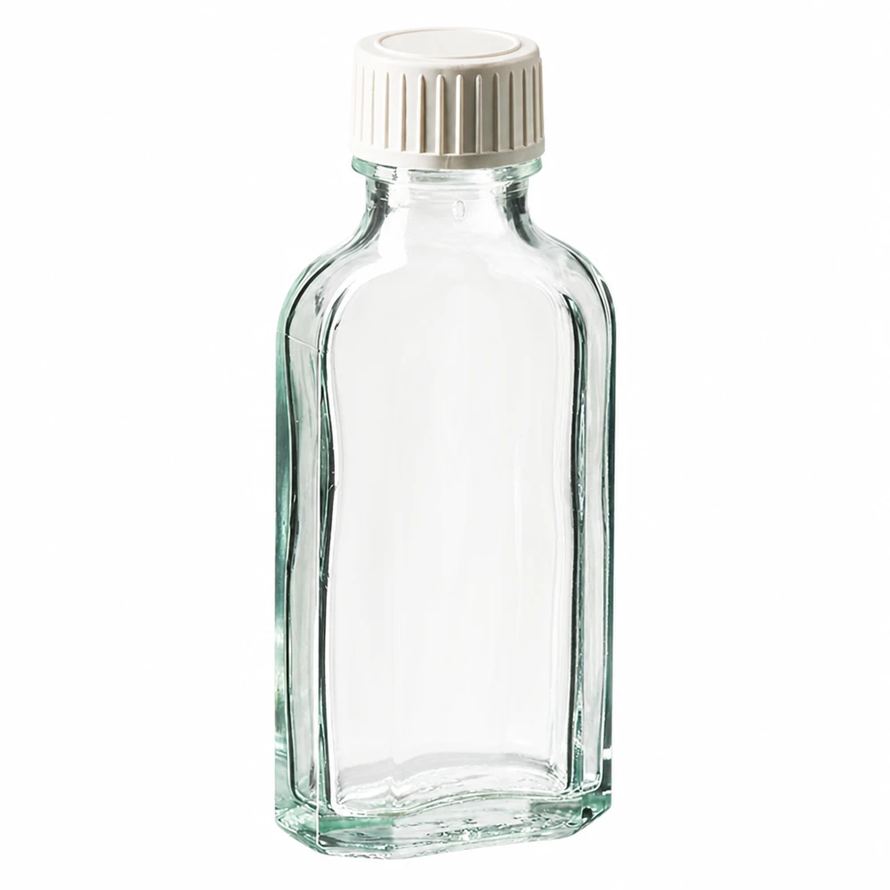 50 ml Meplat čirý šroubovací uzávěr s pěnovou vložkou PE Transparente 50ml Apothekerflasche Meplat mit weißem Schraubdeckel und Schaumeinlage