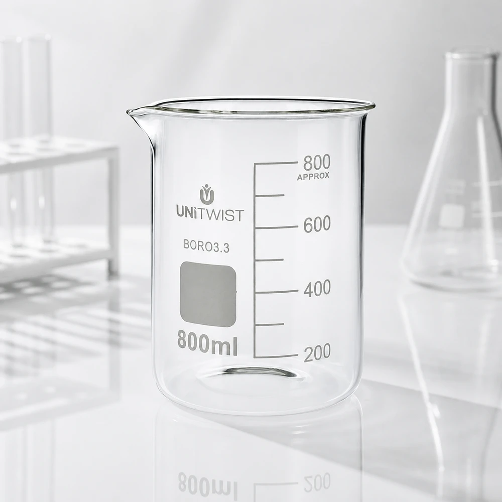 Kádinka 800ml borosilikátová, nízká forma UNiTWIST UNiTWIST Laborglas 800ml Borosilikat niedrige zylindrische Form mit weißem Beschriftungsfeld
