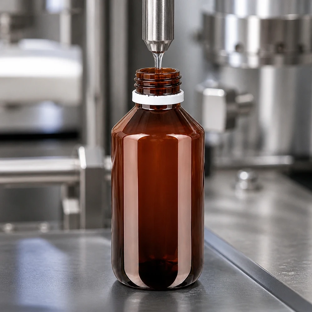 200ml PETová lékárenská lahvička v jantarové barvě se průmyslově plní kapalinou