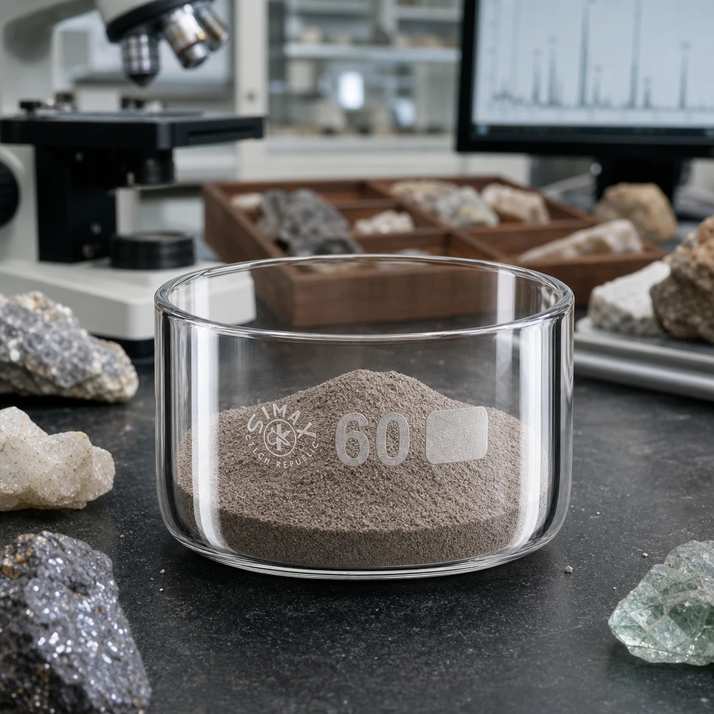 Transparente Laborschale 60ml Borosilikat mit Gesteinsmehl zwischen Mineralproben und Laborgeräten