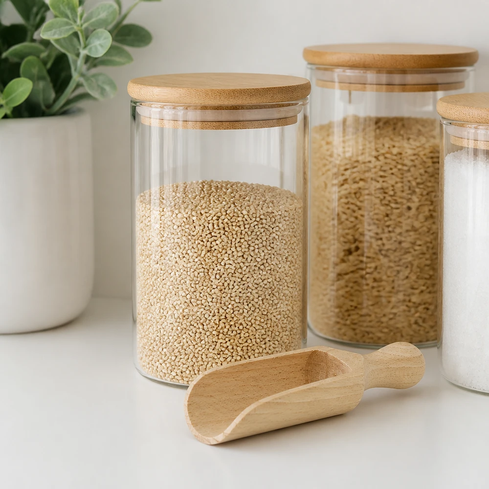 Dřevěná lopatka velikosti M půlkulatý tvar - délka 140 mm - zde. Holzschaufel M 14cm mit Vorratsgläsern und Quinoa in moderner Küche - praktisches Küchenhelfer-Styling
