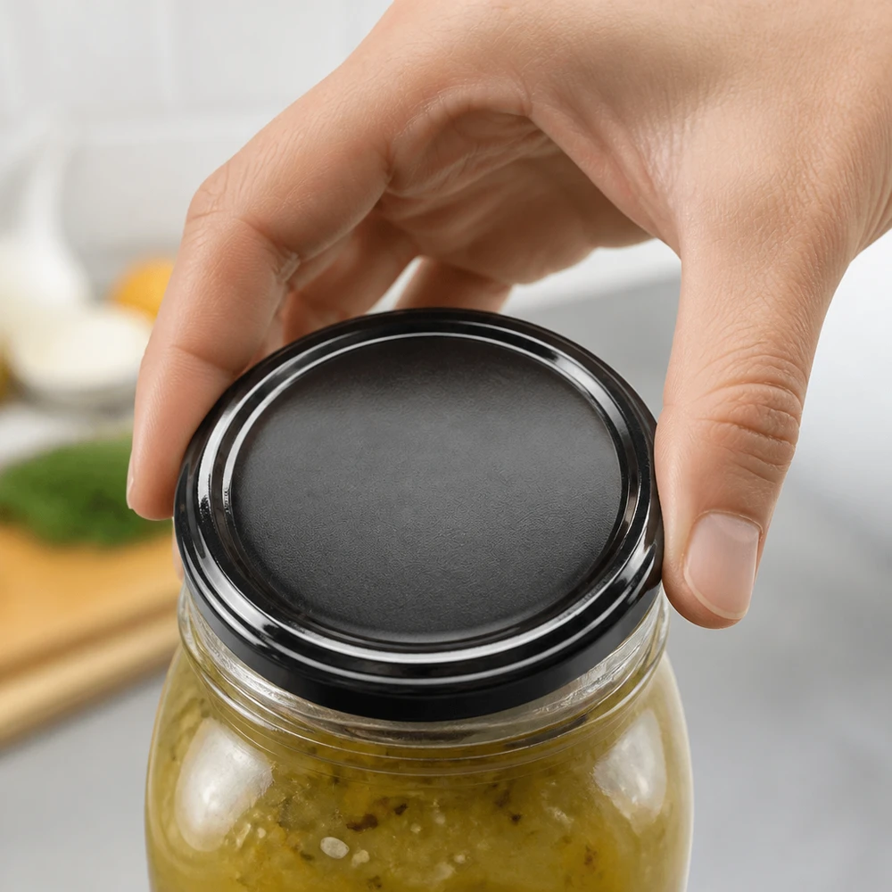 Černé víčko BasicSeal Twist-Off o průměru 58 mm (TO58) se nasazuje na zavařovací sklenici se zeleným obsahem