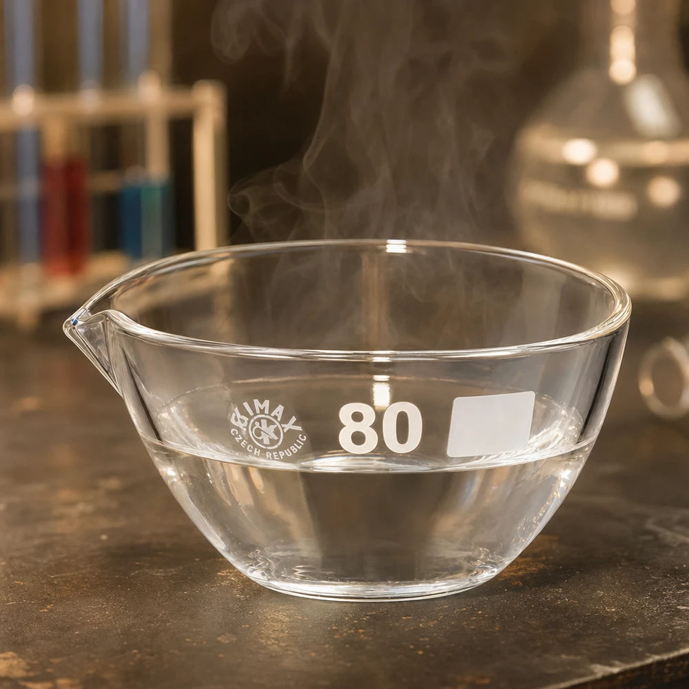 Odpařovací miska 90ml s výlevkou borosilikátová ø80mm Chemieresistente Abdampfschale 90ml aus Borosilikat-Glas mit ergonomischem Ausguss