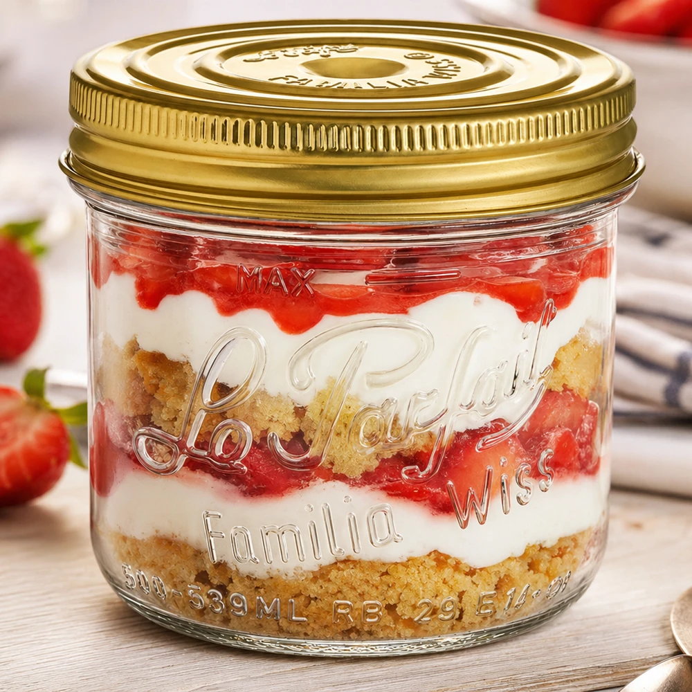 Sturzglas Familia Wiss 539ml mit goldenem Schraubdeckel und Dessert Schichten aus Erdbeeren und Keksboden