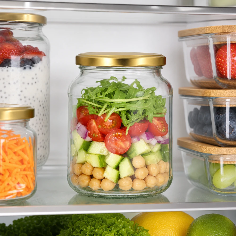 370ml oválná sklenice s víčkem BasicSeal zlatá UNiTWIST 370ml Ovalglas BasicSeal Deckel gold im Kühlschrank mit geschichtetem Salat - UNiTWIST Vorratsglas für Meal Prep