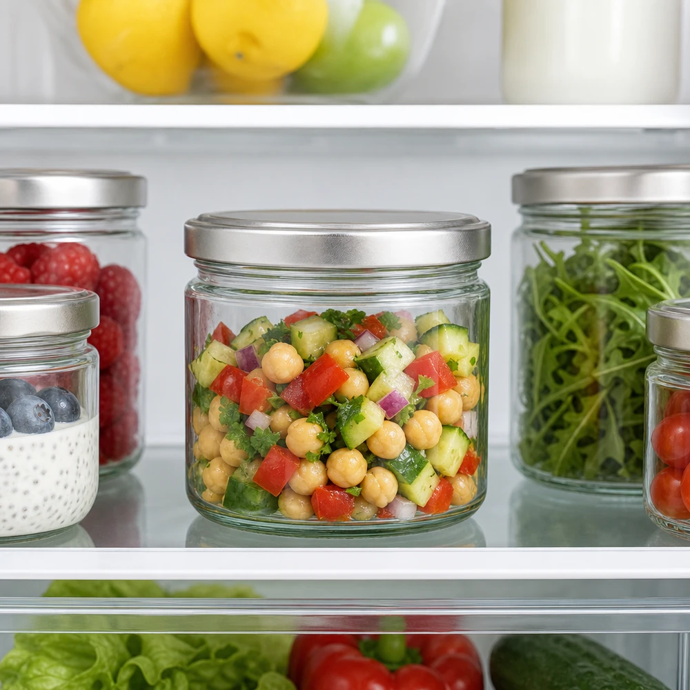 330ml kulatá skleněná nádoba s víčkem BasicSeal stříbrná UNiTWIST. 330ml Rundglas mit BasicSeal Deckel im Kühlschrank gefüllt mit Kichererbsensalat neben anderen Vorratsgläsern