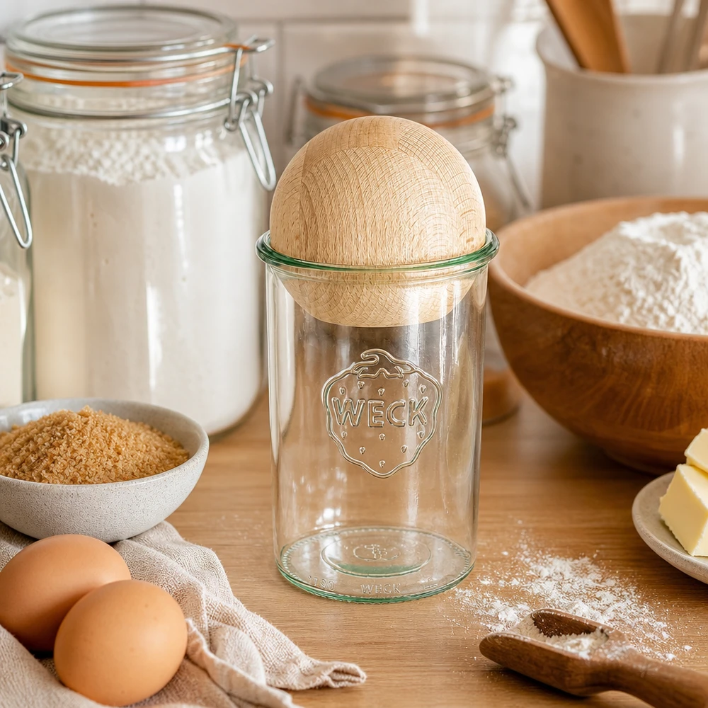 1000ml tumblery WECK RR100 s dřevěnou kuličkou buk WECK Sturzglas 1000ml RR100 mit Buchenkugel-Deckel in Backzutaten-Kulisse mit Mehl, Eiern und Einmachgläsern