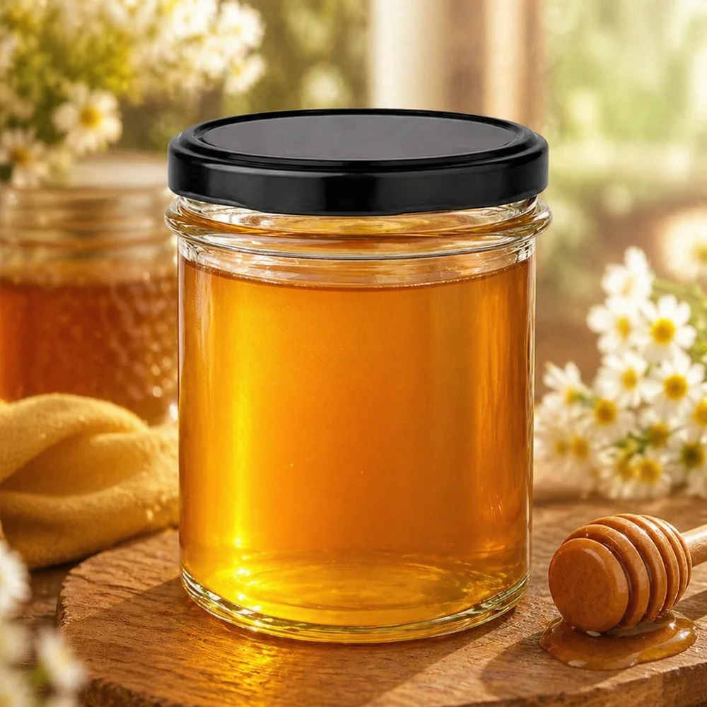 230ml tumblery s víčkem BasicSeal černé UNiTWIST. 230ml Sturzglas mit schwarzem Deckel gefüllt mit goldenem Honig neben Honiglöffel auf Holzbrett natürliche Dekoration