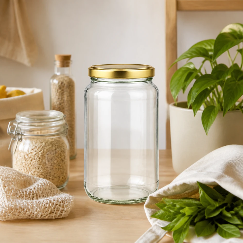 1700ml kulatá sklenice s víčkem BasicSeal zlatá UNiTWIST 1700ml Rundglas BasicSeal gold in nachhaltiger Zero-Waste Küche mit Vorratsgläsern und frischen Kräutern