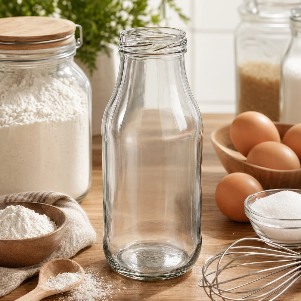 Láhev o objemu 263 ml bez víčka (TO43) UNiTWIST Leere UNiTWIST Glasflasche 263ml TO43 auf Holztisch mit Backzutaten Mehl Eiern und Küchenutensilien