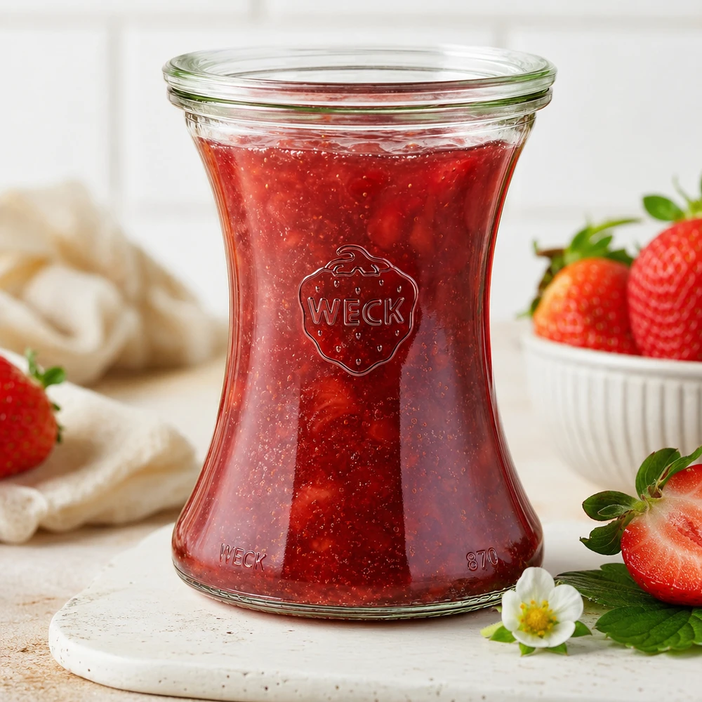 WECK Delikatessenglas 370ml RR80 mit hausgemachter Erdbeermarmelade auf Marmorbrett umgeben von frischen Erdbeeren