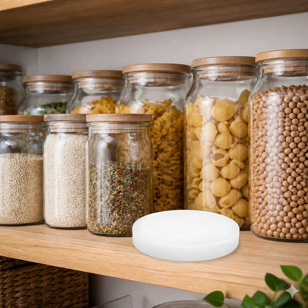 Weißer UNiTWIST Silikondeckel RR80 vor WECK Vorratsgläsern mit Nudeln Hülsenfrüchten Gewürzen in Küchenpantry