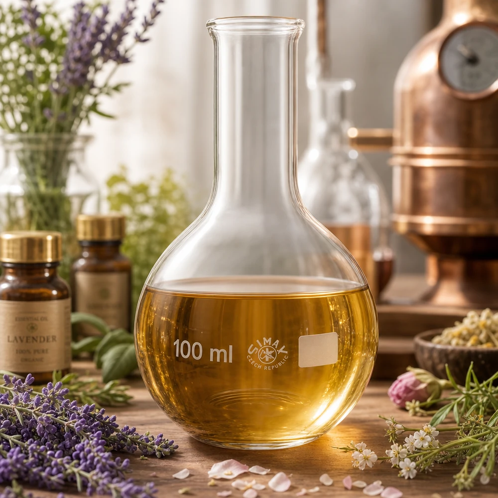 Stojatá baňka 100 ml s úzkým hrdlem Borosilikat-Stehkolben 100ml mit schmalem Hals hitzebeständig für Aromatherapie und Phytochemie