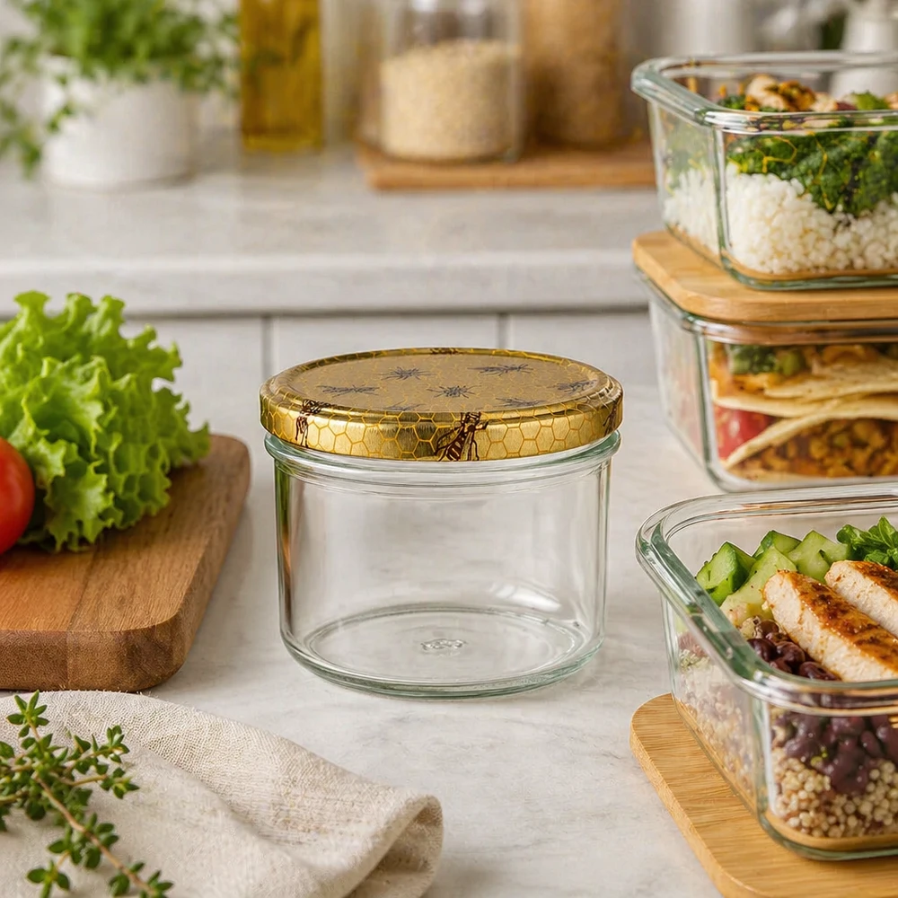 250g Honigglas mit Bienenwabe Deckel BasicSeal UNiTWIST 250g Honigglas mit Bienenwaben-Deckel in moderner Küche neben Meal-Prep-Boxen und frischen Zutaten