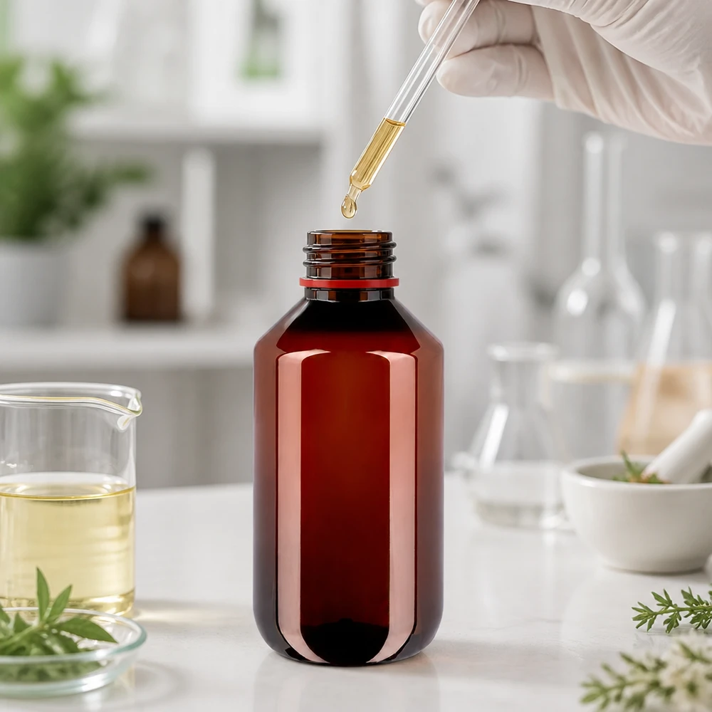 Hnědá PET láhev o objemu 200 ml s červeným bezpečnostním uzávěrem v laboratorním prostředí