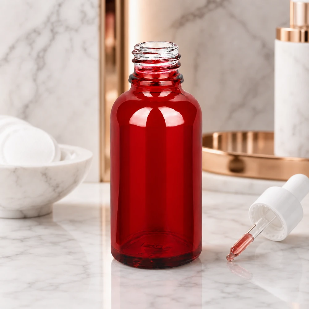 30ml lékárenská lahvička RedLine UT18/30 UNiTWIST. Stilvolle 30ml Apothekerflasche RedLine UT18/30 UNiTWIST in rotem Glas mit Pipettenverschluss