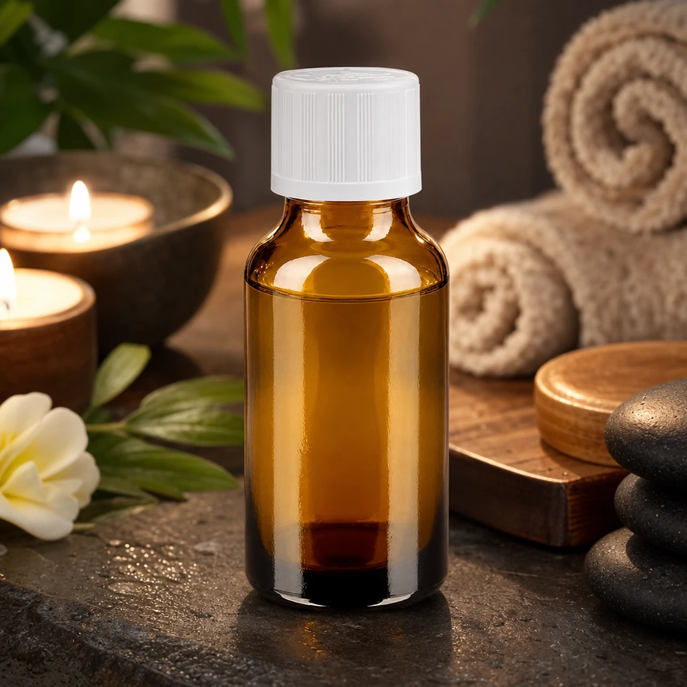 Lékárenská láhev hnědá 20ml šroubovací uzávěr bílý standard odolný proti otevření dětmi. Aromatherapie Braunglasflasche 20ml mit weißem KiSi Deckel im stilvollen Wellness Ambiente