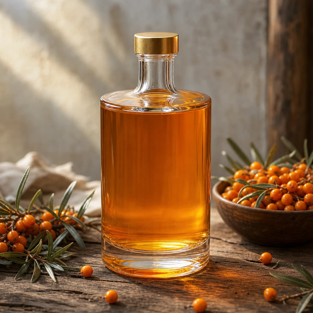 500ml Glasflasche Sam mit bernsteinfarbenem Öl befüllt goldener UNiTWIST Verschluss Sanddornbeeren natürliche Küche