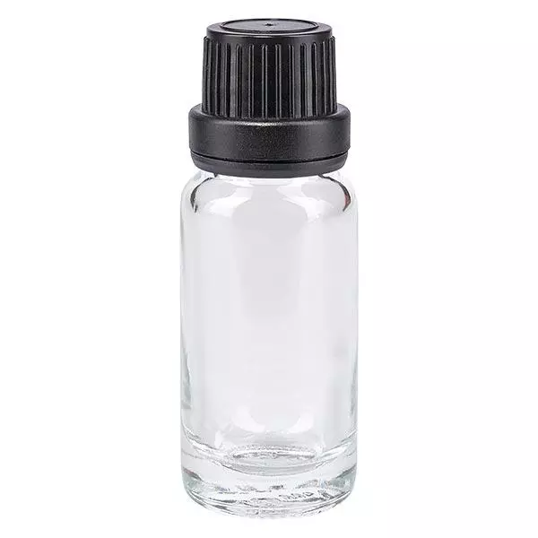 Lékárenská lahvička čirá 10ml kapací uzávěr s nalévacím kroužkem 2mm černý uzávěr proti neoprávněné manipulaci