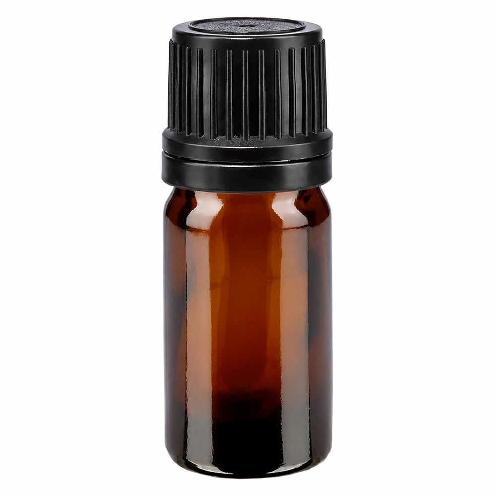 Lékárenská láhev hnědá 5ml šroubovací uzávěr černý nalévací kroužek nedovolená manipulace s uzávěrem. 5ml Braunglas Flasche GR OV schwarz Apothekenqualität UV-Schutzglas