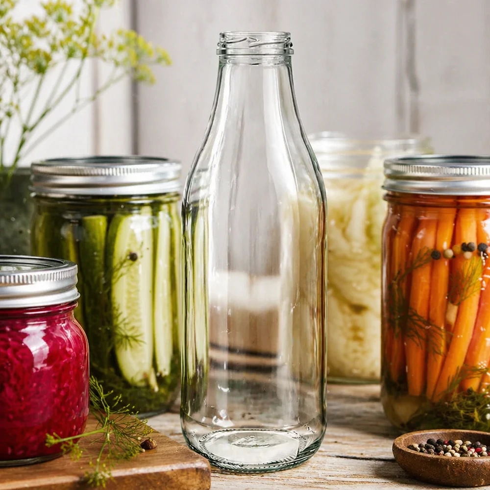 Skleněná láhev o objemu 1000 ml bez víčka (TO48) UNiTWIST 1000ml Glasflasche TO48 UNiTWIST ohne Deckel zwischen Einmachgläsern mit eingelegtem Gemüse Küchenszenerie Konservierung