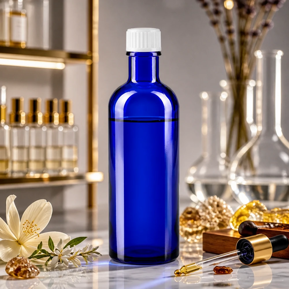 Lékárenská láhev modrá 200ml šroubovací uzávěr bílý stř. Blaue Medizinflasche 200ml Glas mit Kindersicherheitsverschluss in Weiß