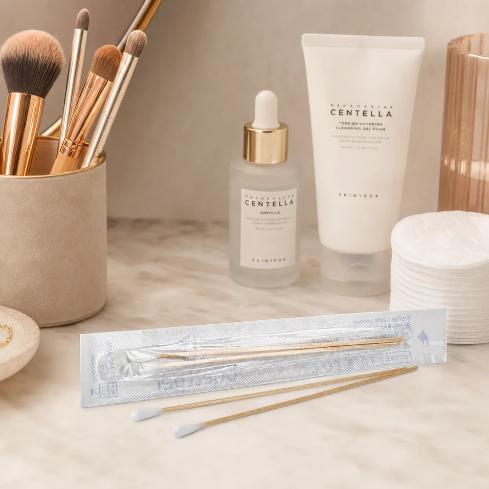 Vatové tyčinky STERIL (2 kusy) Einzeln verpackte Wattestäbchen mit schlankem Holzstiel für Make-up-Korrekturen und Hautpflege