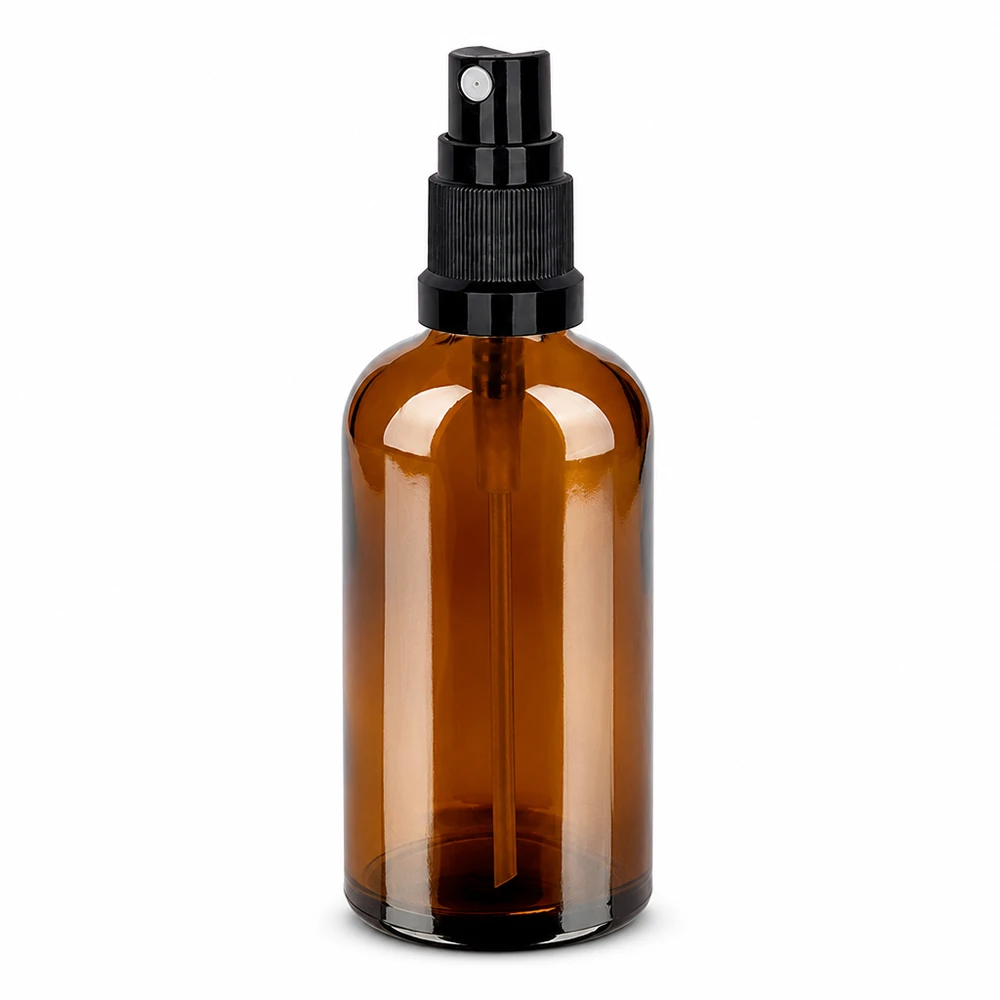 100ml láhev s rozprašovačem černá standardní uzávěr BrownLine UT18/100 Pumpflasche 100ml BrownLine braunes Glas mit schwarzem Sprühkopf für DIY Kosmetik