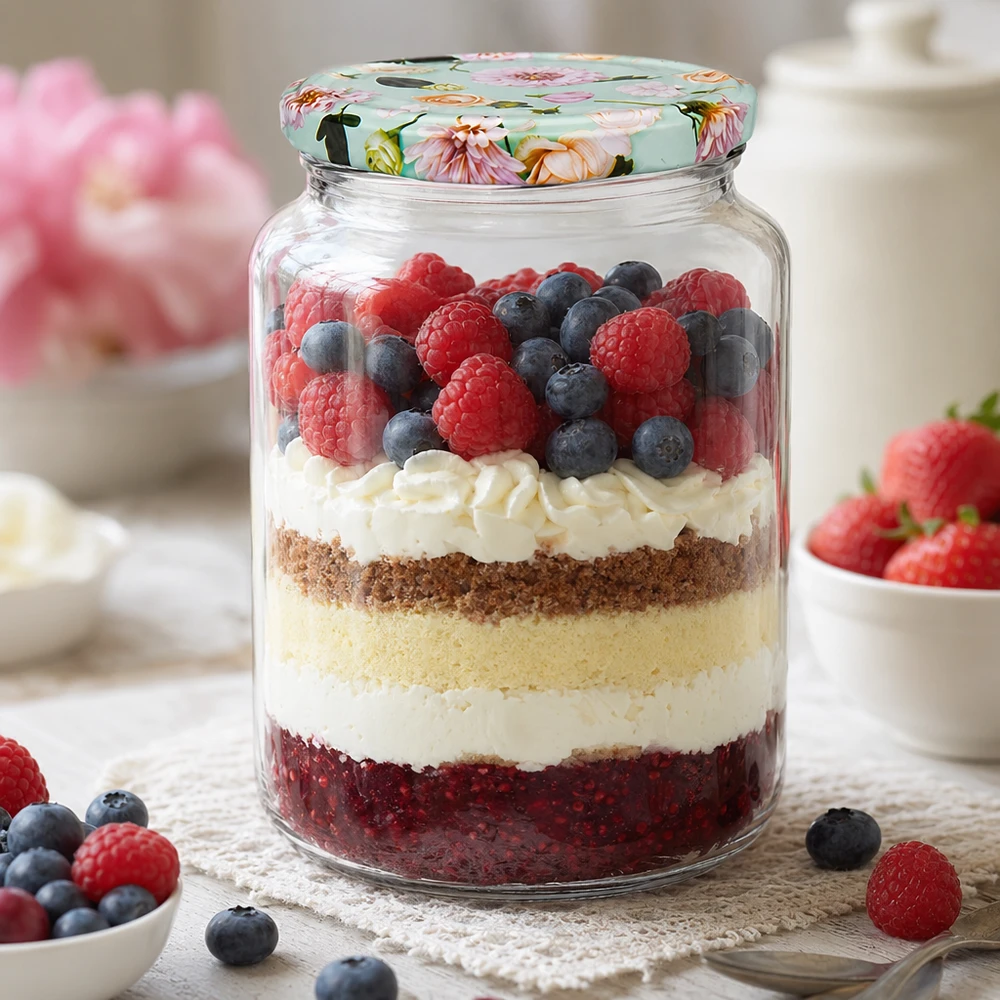 795ml kulatá sklenice + víčko BasicSeal flower mint UNiTWIST 795ml Rundglas mit mint Blumen-Deckel als Dessertglas für Schichtnachtisch mit Beeren und Sahne