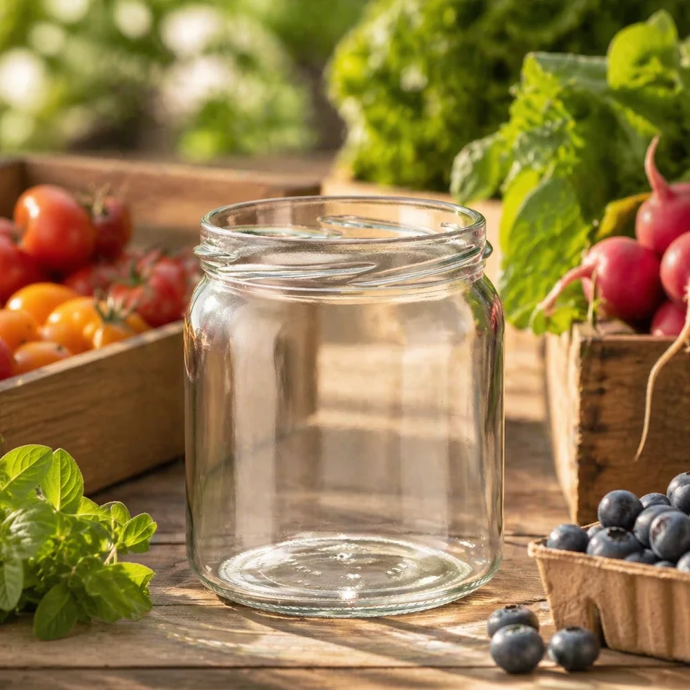 Kulatá sklenice o objemu 408 ml bez víčka (TO82) UNiTWIST UNiTWIST Runda408 408ml Einmachglas in rustikaler Küche mit frischem Gemüse und Obst für Konservierung