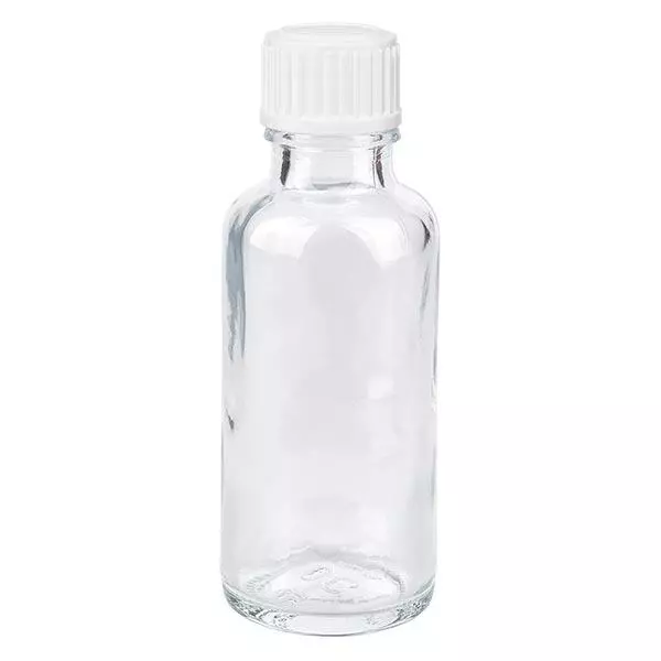 Lékárenská lahvička čirá 30ml šroubovací uzávěr bílá globule standardní Lékárenská lahvička čirá 30ml šroubovací uzávěr bílá globule standardní
