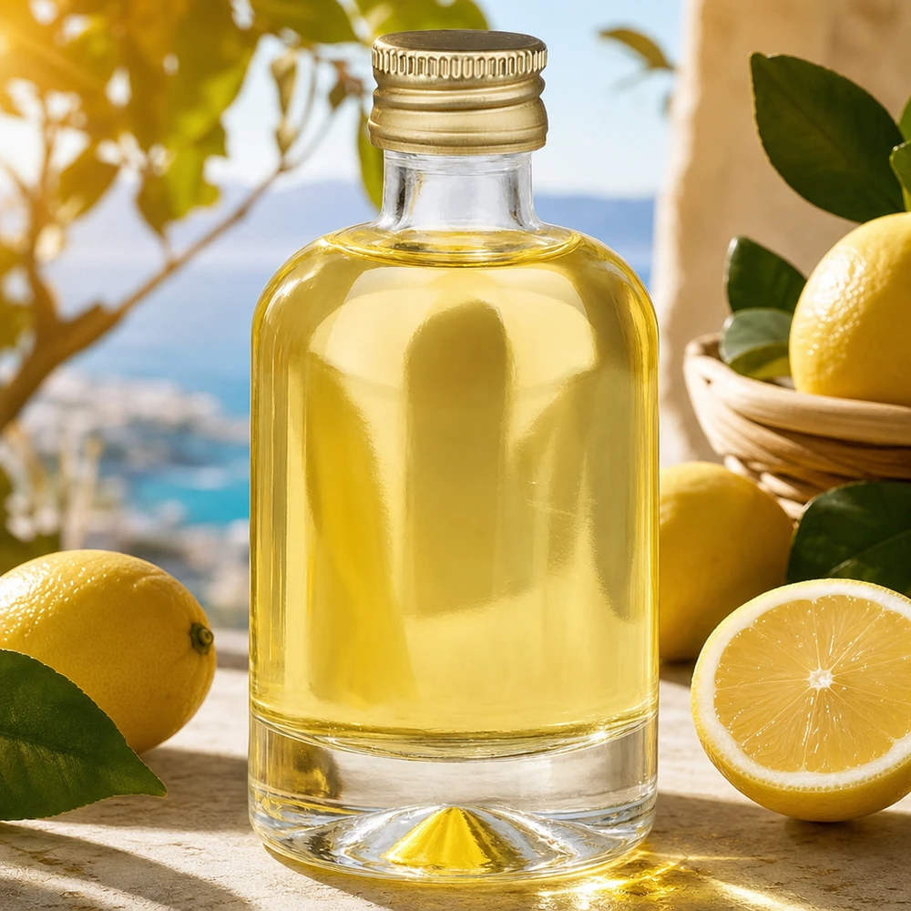 40ml Glasflasche "Sara" mit Schraubverschluss gold UNiTWIST 40ml Glasflasche Sara gefüllt mit gelbem Inhalt zwischen Zitronen - Produktfoto mit mediterranem Ambiente