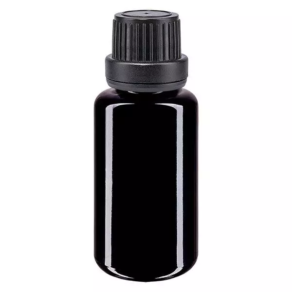 Lékárenská lahvička fialová 20ml kapátko nalévací kroužek 2mm černý uzávěr proti neoprávněné manipulaci