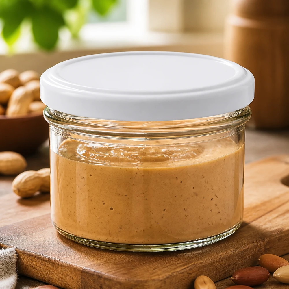 Skleněná sklenice 225ml s víčkem BasicSeal bílá UNiTWIST 225ml Sturzglas BasicSeal gefüllt mit Nussbutter umgeben von Mandeln und Nüssen auf Holzuntergrund