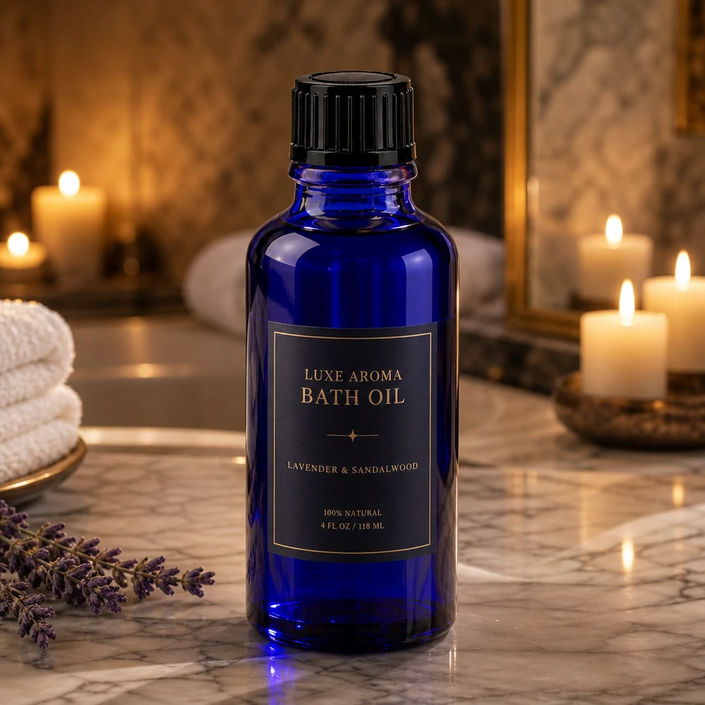 Hochwertige blaue Glasflasche 30ml mit schwarzem Standardverschluss für Kosmetik
