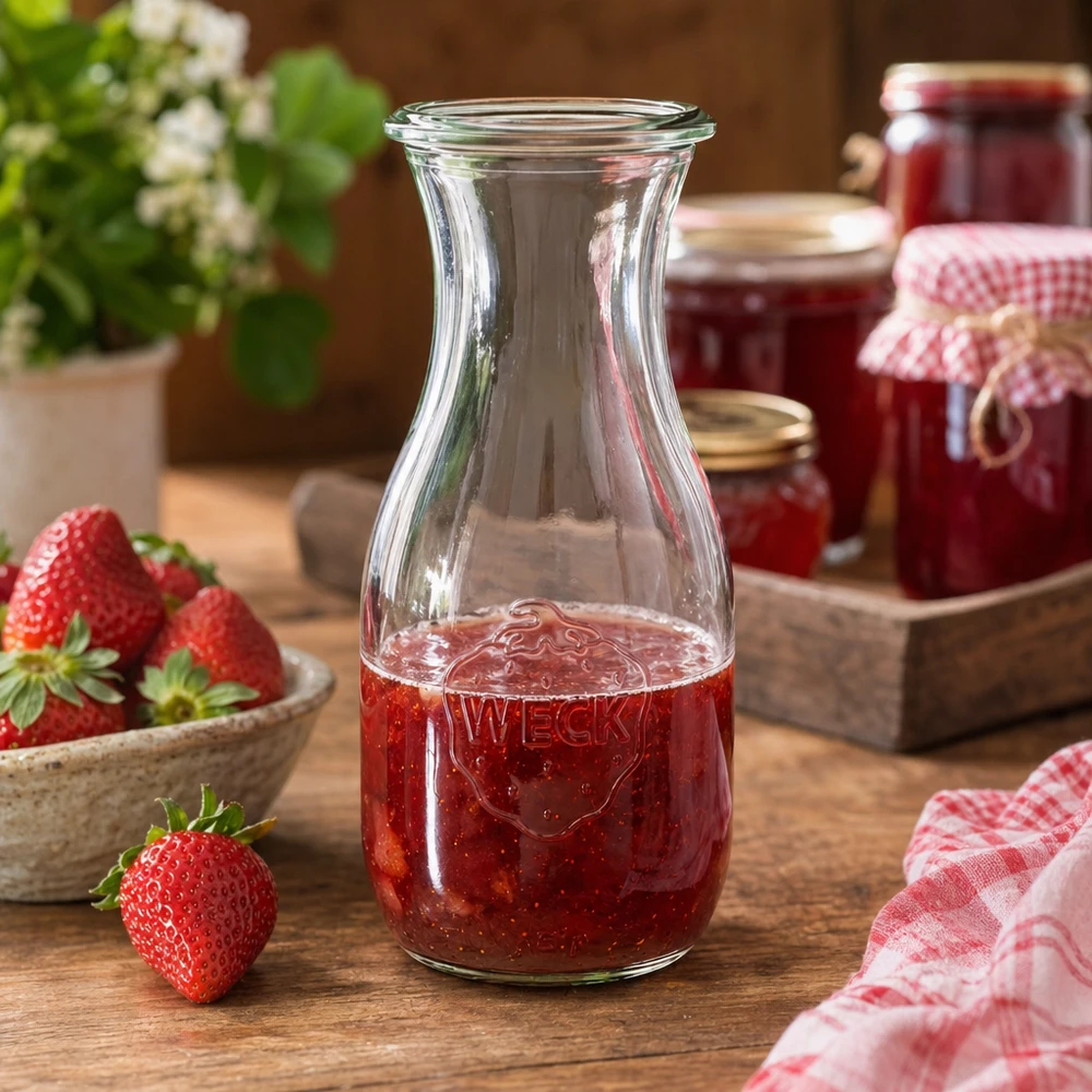 530ml láhev na džus WECK RR60 s dřevěným dřevem WECK Saftflasche 530ml RR60 mit Erdbeersaft gefüllt neben Marmeladengläsern und kariertem Küchentuch rustikal dekoriert