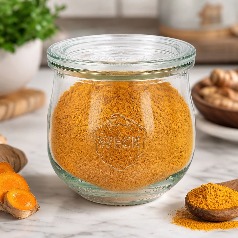 370ml tulipánová sklenice se skleněným víčkem WECK RR80 WECK Tulpenglas 370ml RR80 mit Kurkumapulver gefüllt in Küche neben Kurkumawurzeln und Gewürzen auf Holzbrett
