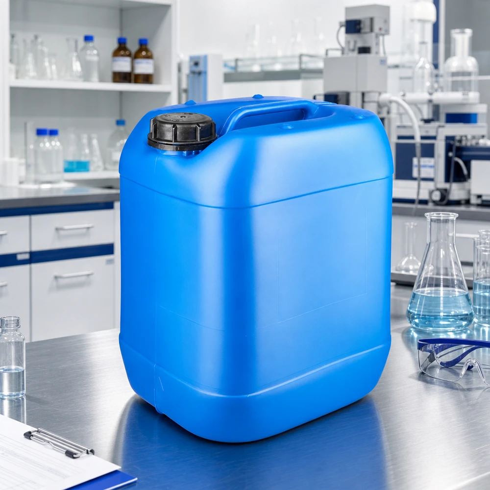 Kanystr 20 litrů modrý se šroubovacím uzávěrem s pojistkou proti otevření. Stapelbarer blauer 20 Liter Kanister mit OV Schraubverschluss für Labor und Industrie