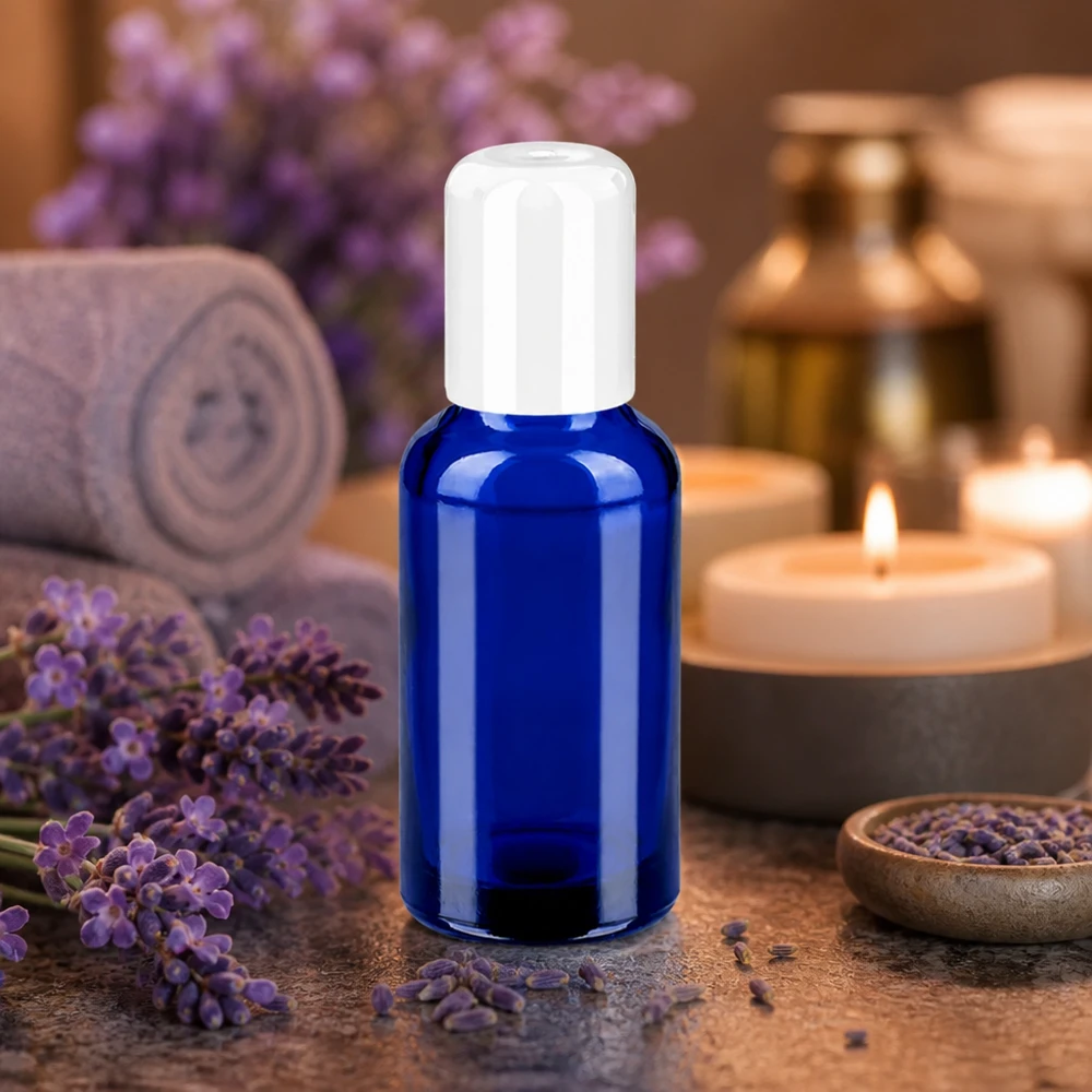 Premium 30ml Roll-On Flasche aus kobaltblauem Glas mit hygienischem weißen Verschluss